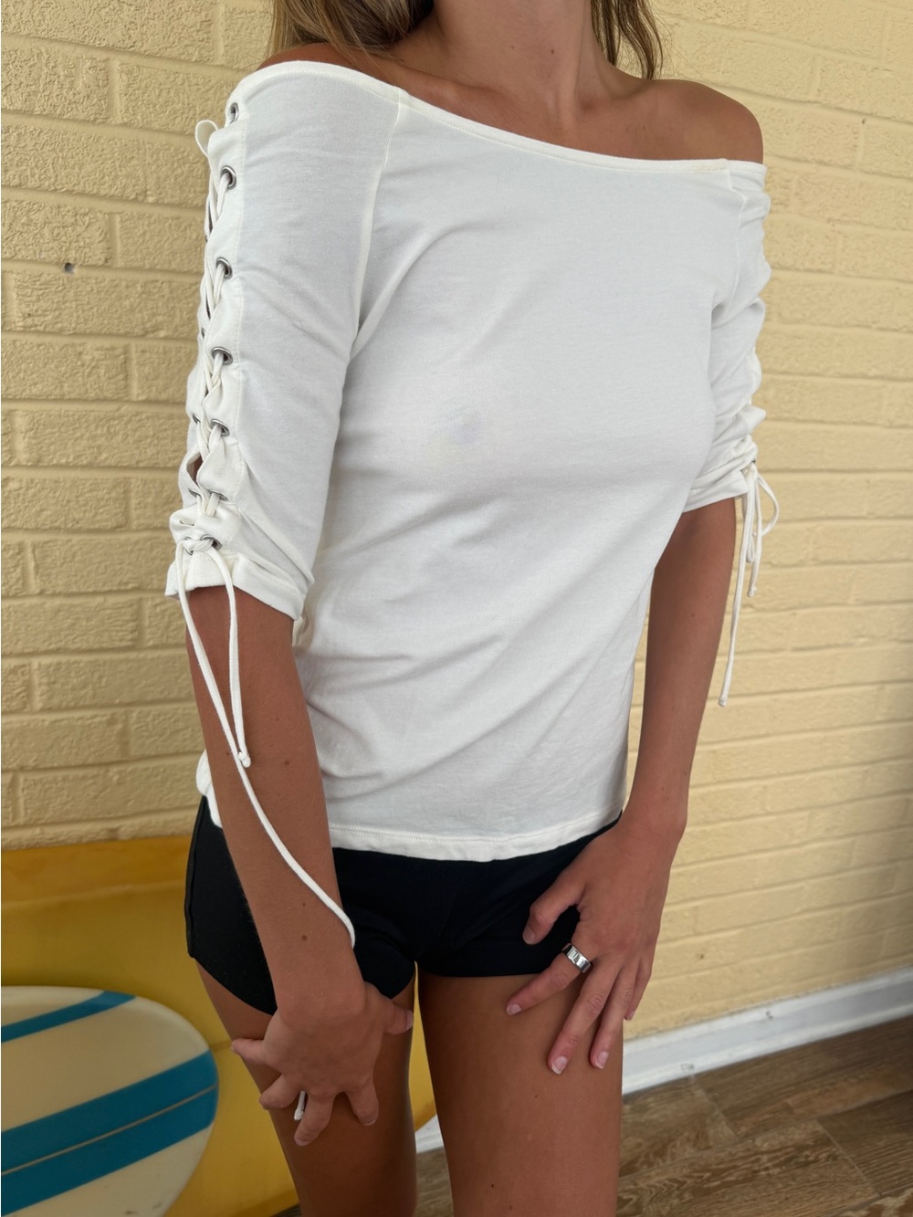 H&M White Off-Shoulder Lace-Up Sleeve Top
